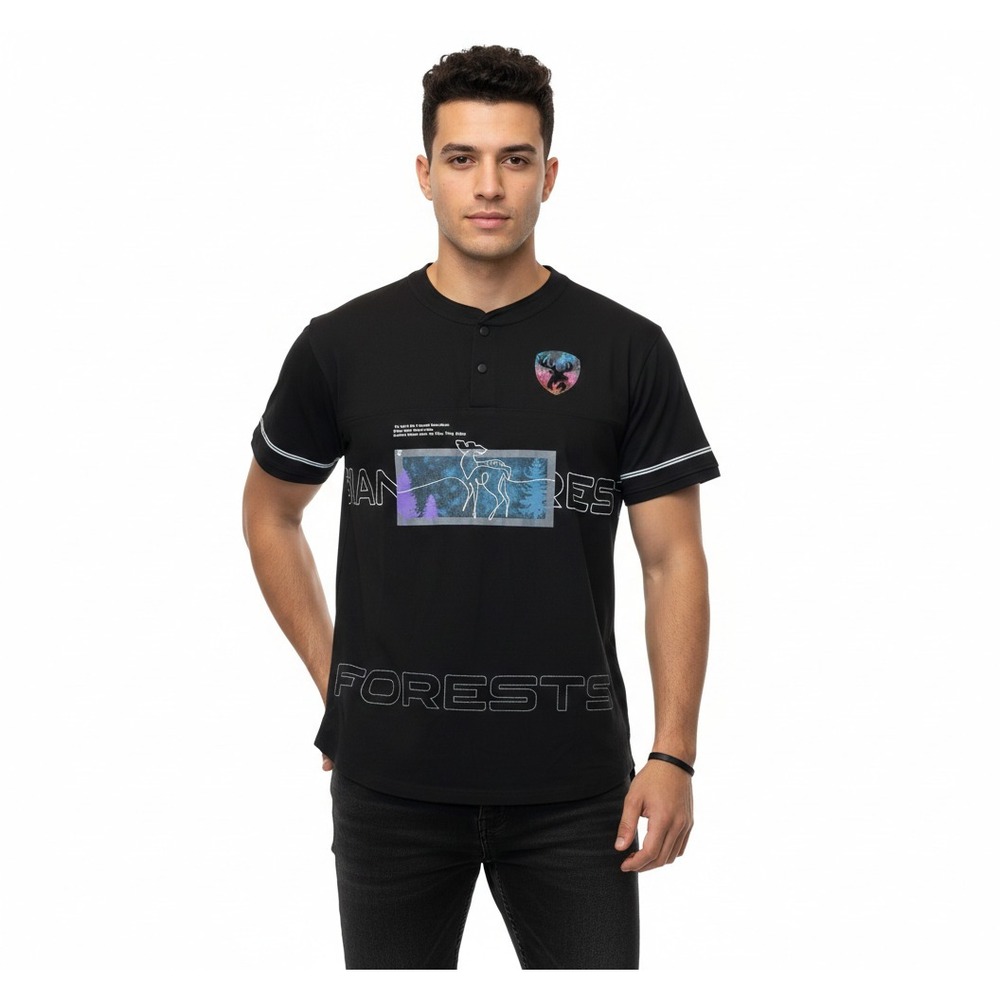 Headway Tykes‎ Henley Graphic Polo Shirt Mens S 34 Reindeer Streetwear Techwear